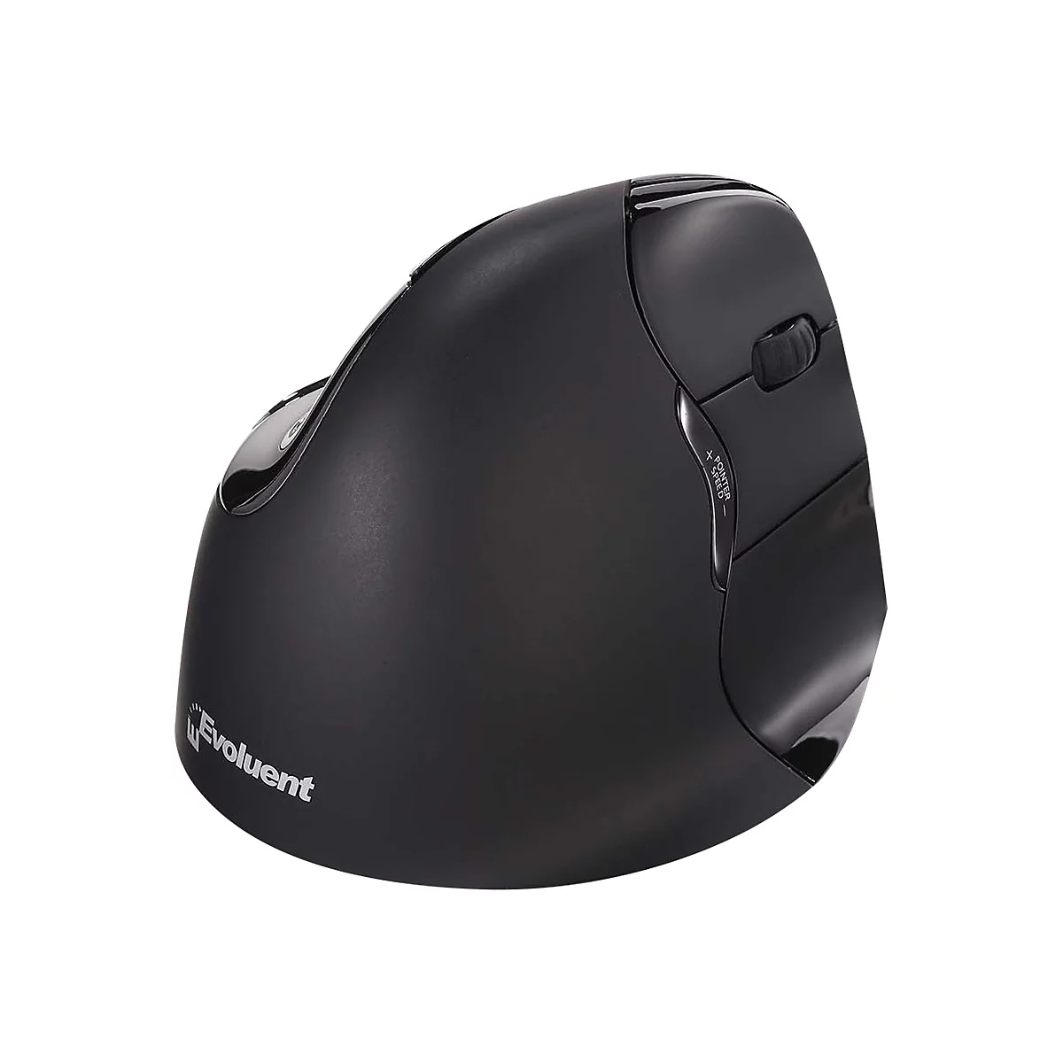 Schwarze, ergonomische Evoluent Vertikalmaus vor weißem Hintergrund.