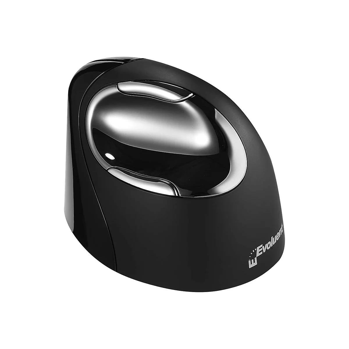 Schwarze, vertikale Evoluent-Ergonomie-Maus vor weißem Hintergrund mit silbernen Tasten.