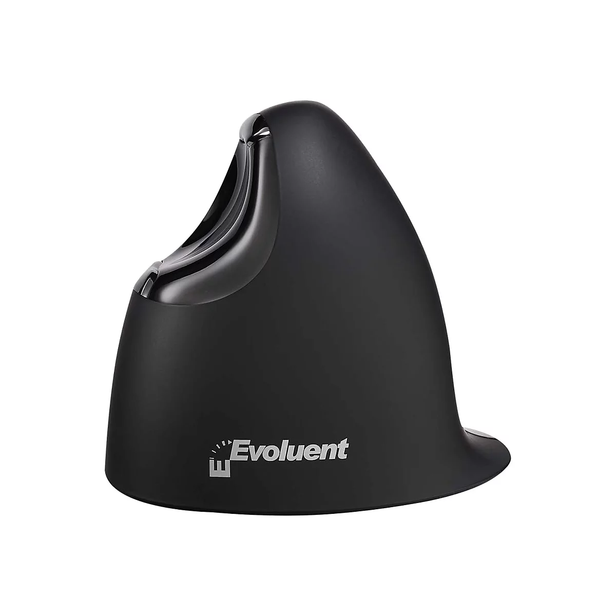 Schwarze vertikale Evoluent-Ergonomiemaus in Seitenansicht vor weißem Hintergrund.