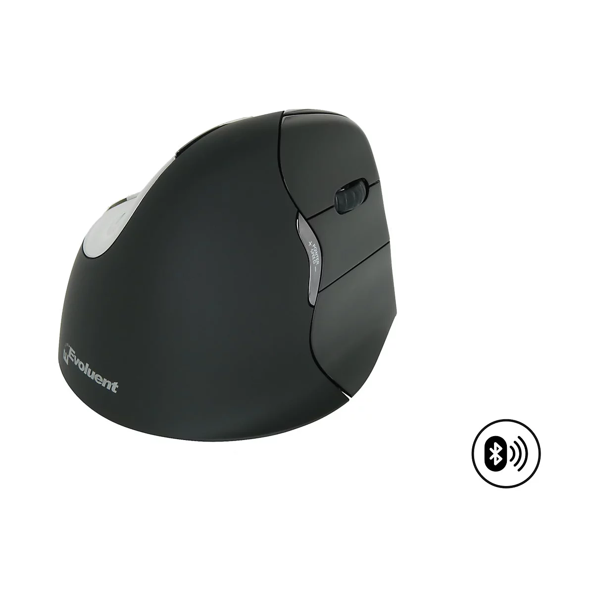 Ergonomische, schwarze Maus mit weißem Logo und Bluetooth-Symbol. Auf der Seite befinden sich Pfeiltasten zur Steuerung der Zeigergeschwindigkeit.