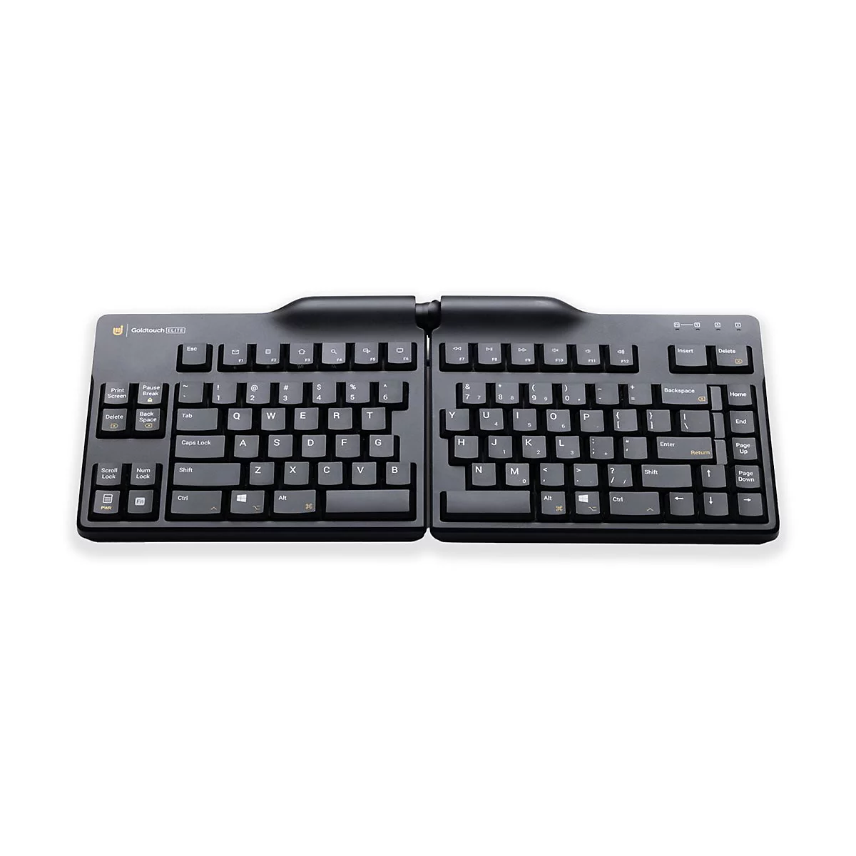 Schwarze, ergonomische und teilbare Goldtouch-Tastatur vor weißem Hintergrund.