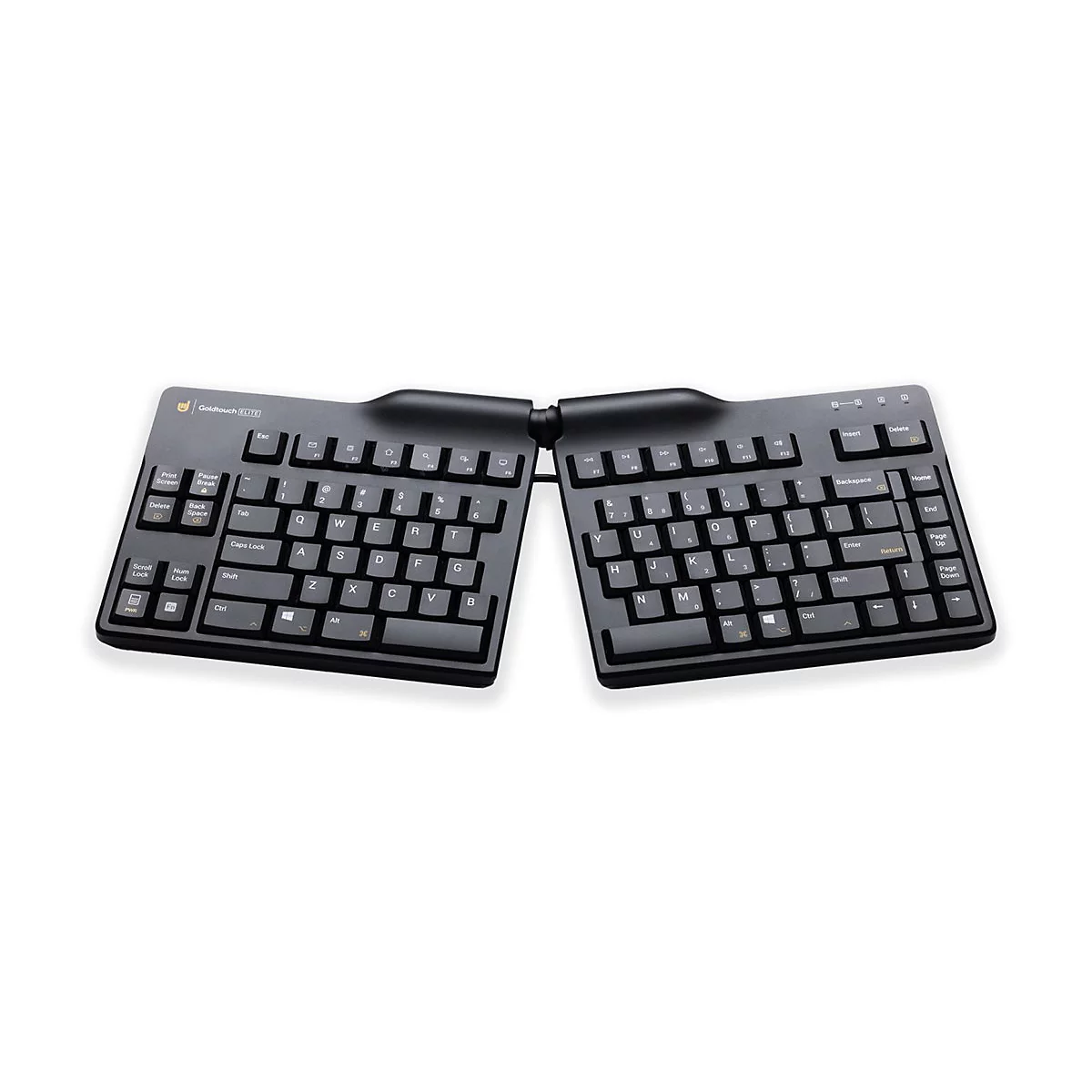 Eine geteilte, schwarze ergonomische Tastatur vor einem weißen Hintergrund.
