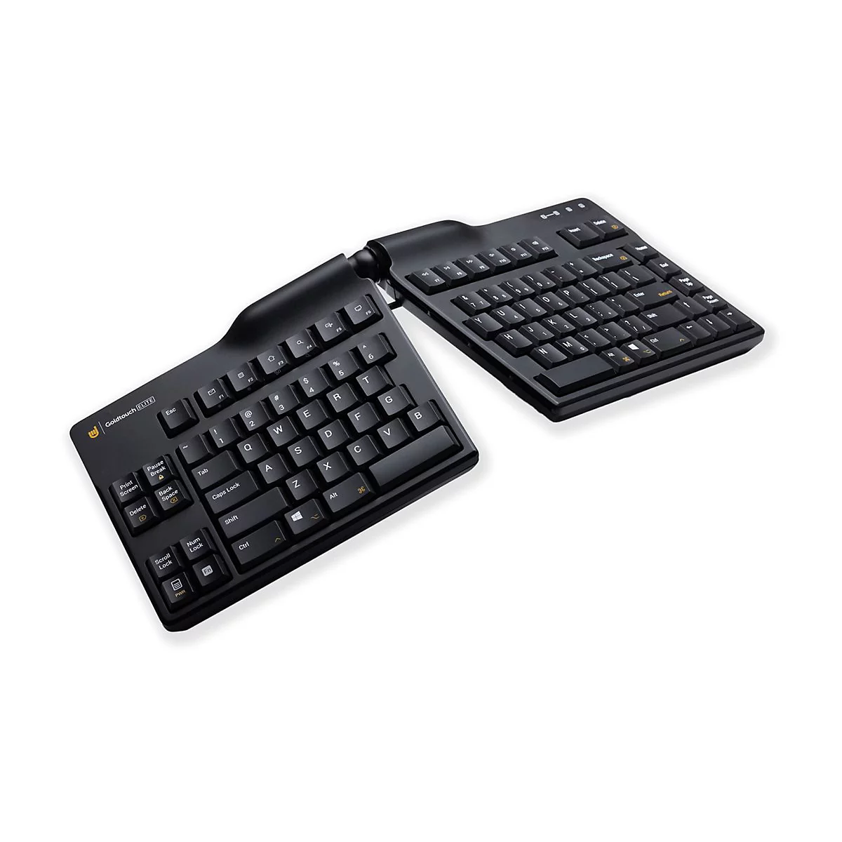 Schwarze, ergonomische Goldtouch Elite Tastatur, in der Mitte geteilt und angewinkelt.