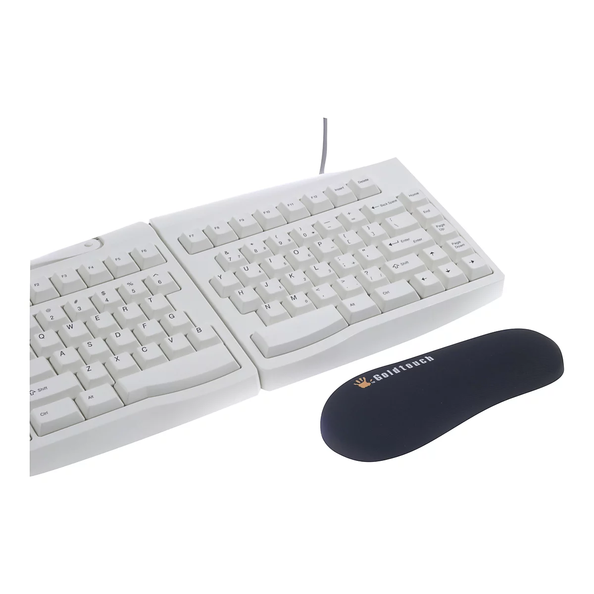 Geteilte, ergonomische Computertastatur in Weiß mit schwarzer Handballenauflage vor weißem Hintergrund.