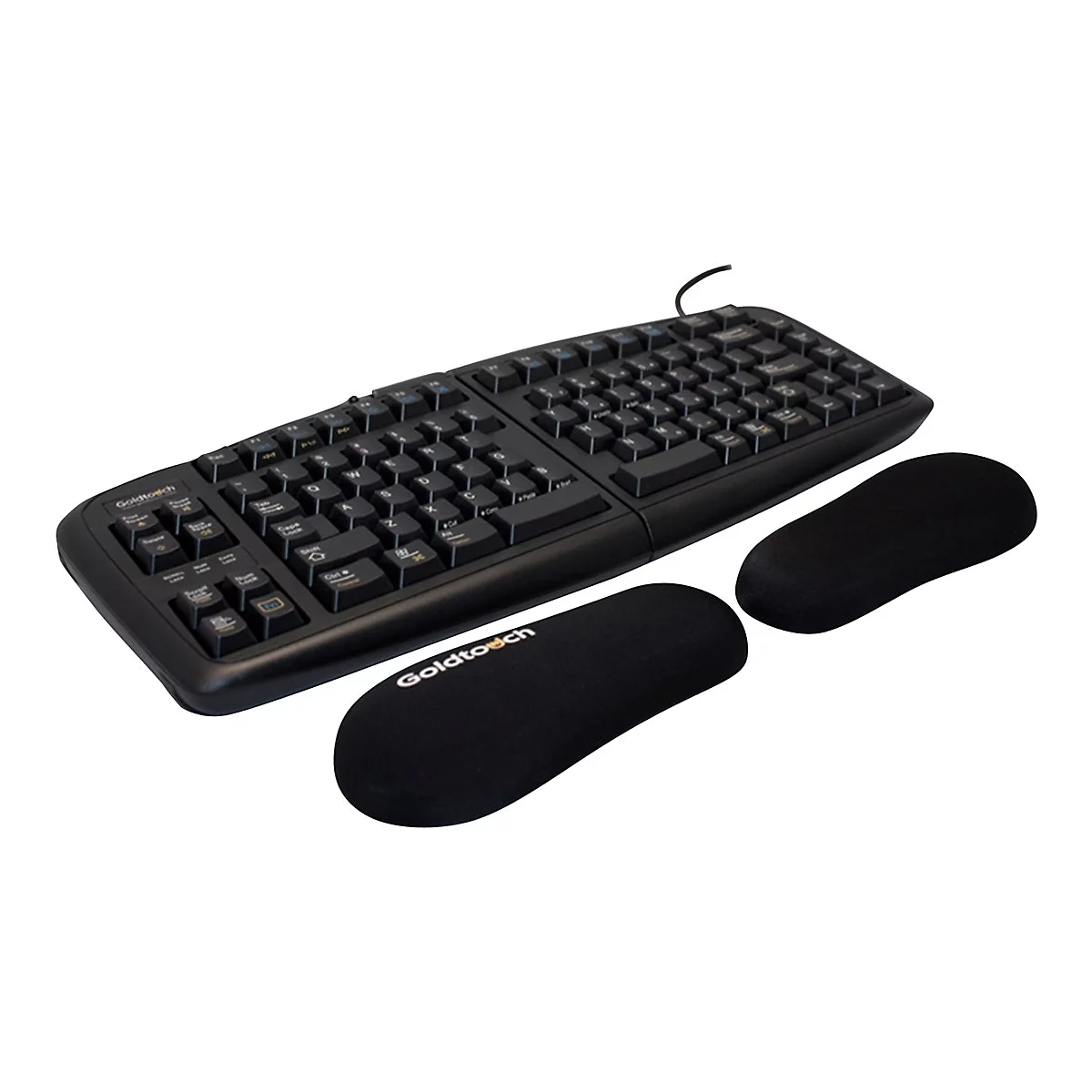 Schwarze, ergonomisch geteilte Goldtouch-Tastatur mit zwei separaten, gepolsterten Handballenauflagen vor weißem Hintergrund.