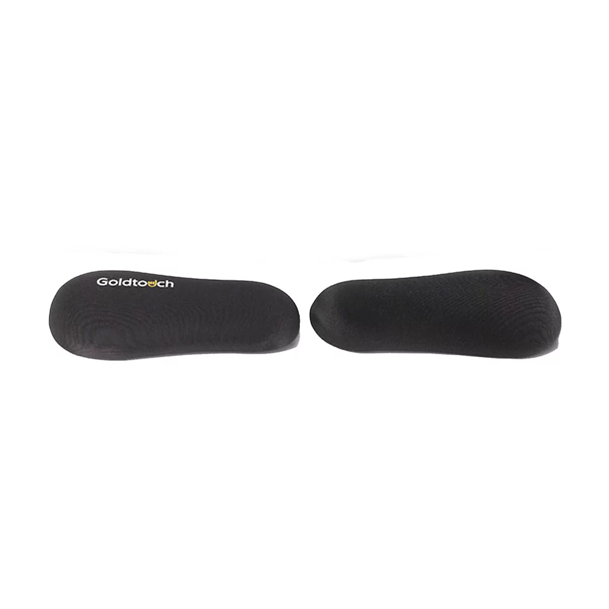 Zwei schwarze ergonomische Handballenauflagen von Goldtouch auf weißem Hintergrund.