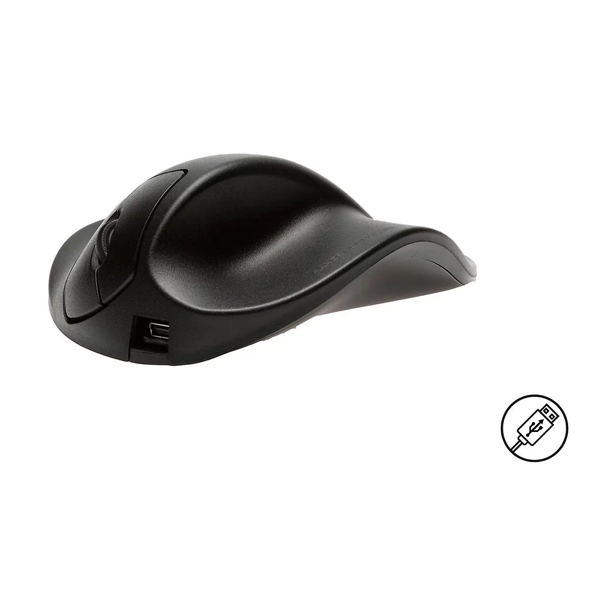 Schwarze, ergonomisch geformte Computermaus mit USB-Anschluss vor weißem Hintergrund.