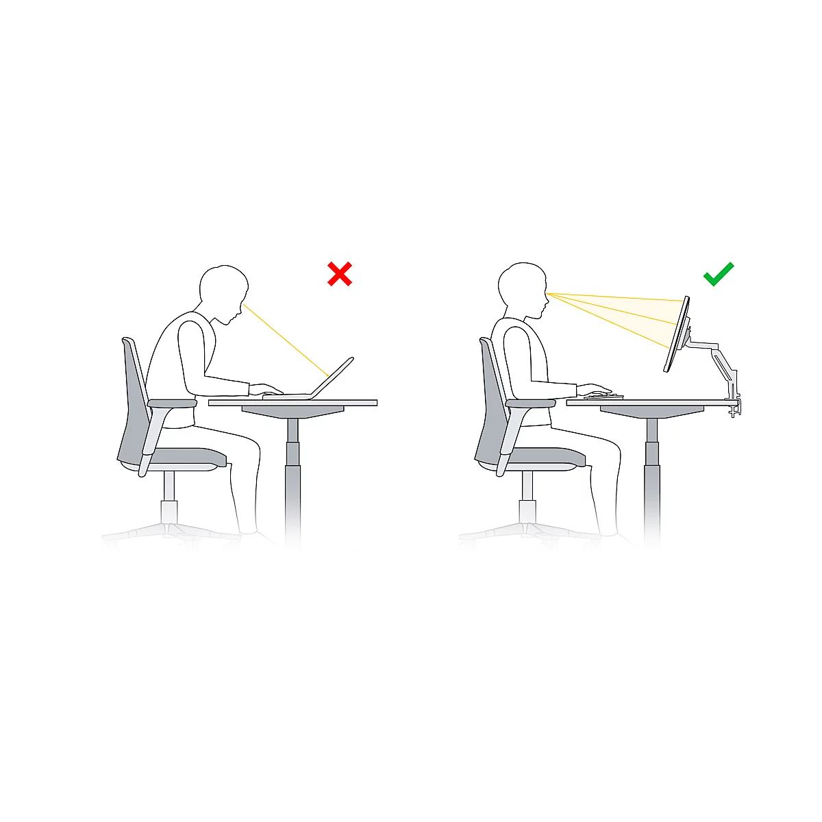 Eine Person hält eine schwarze Monitorhalterung vor weißem Hintergrund. Die Halterung hat eine komplexe Form.