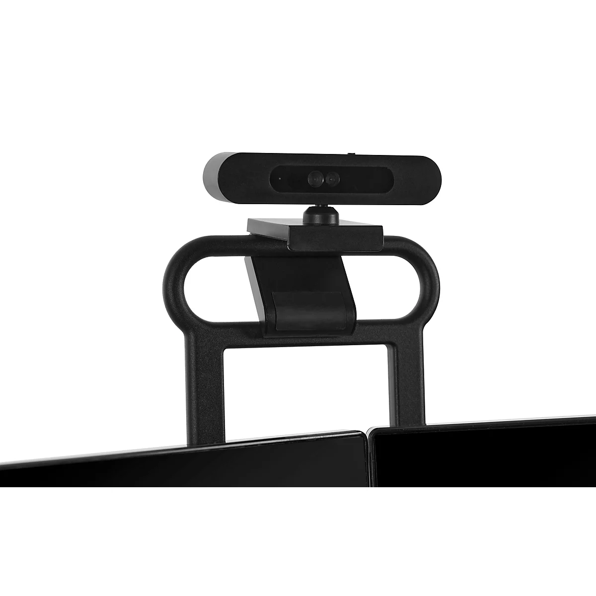 Schwarze Webcam, montiert auf einem Halter, der auf einem Monitor befestigt ist.