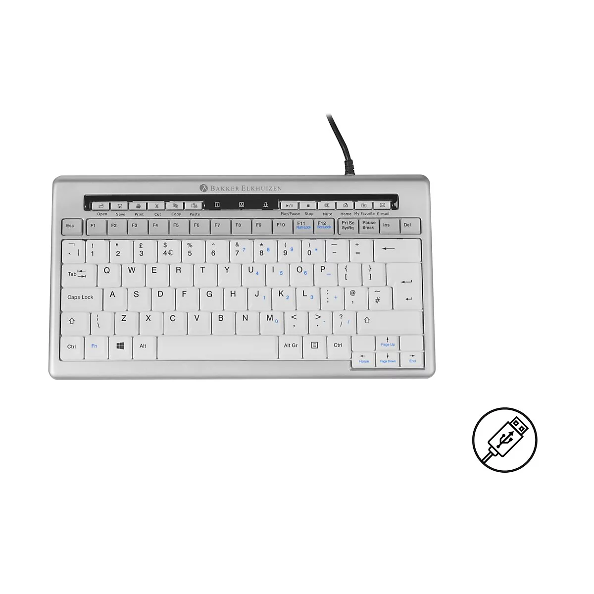 Kompakte, silberne Tastatur mit weißen Tasten und zusätzlichem USB-Symbol in einer Kreisgrafik.
