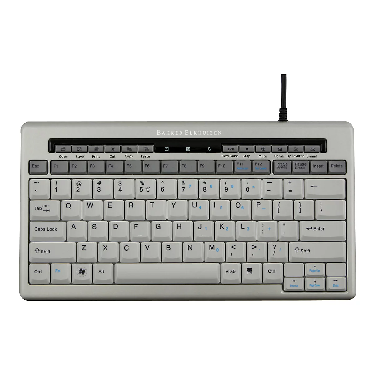 Silberne kompakte Bakker Elkhuizen Tastatur mit QWERTY-Layout und speziellen Medientasten oben.
