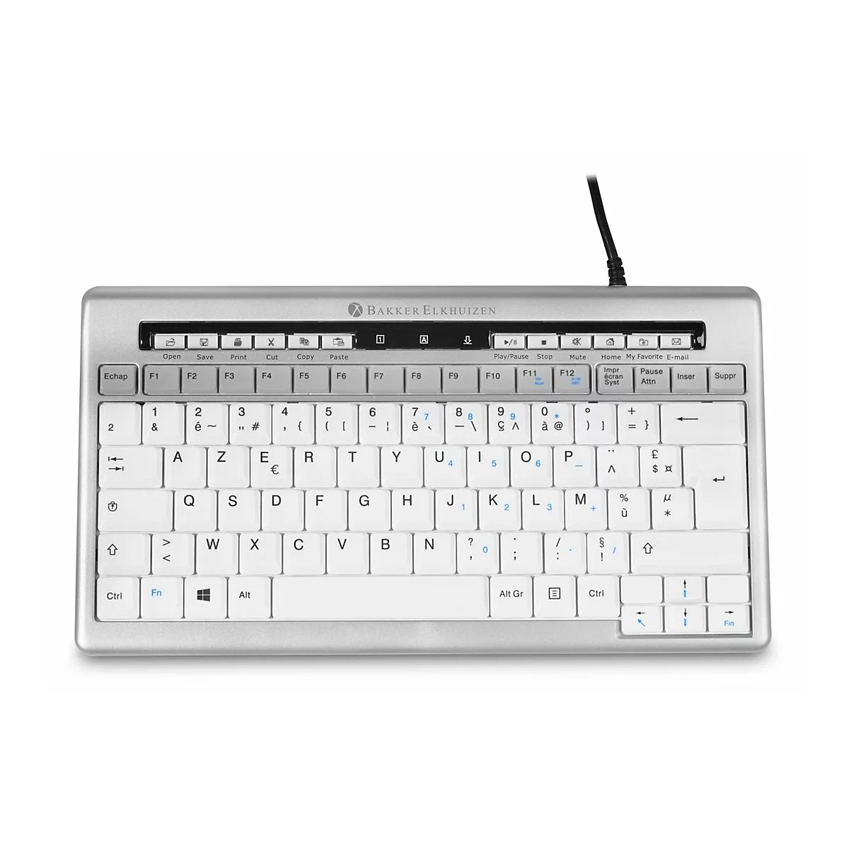 Kompakte silberne Tastatur von Bakker Elkhuizen mit weißem AZERTY-Tastenlayout und zusätzlichen Medientasten.