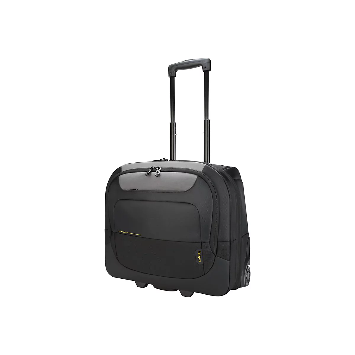 Schwarzer Targus Business-Trolley mit ausziehbarem Griff auf weißem Hintergrund.