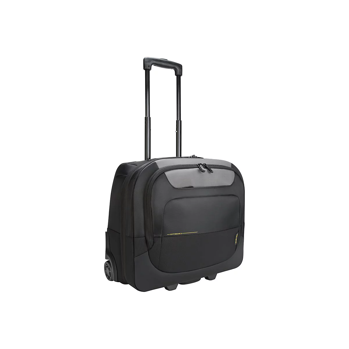 Schwarzer Targus Citygear 3 Rollkoffer mit ausziehbarem Griff vor weißem Hintergrund.