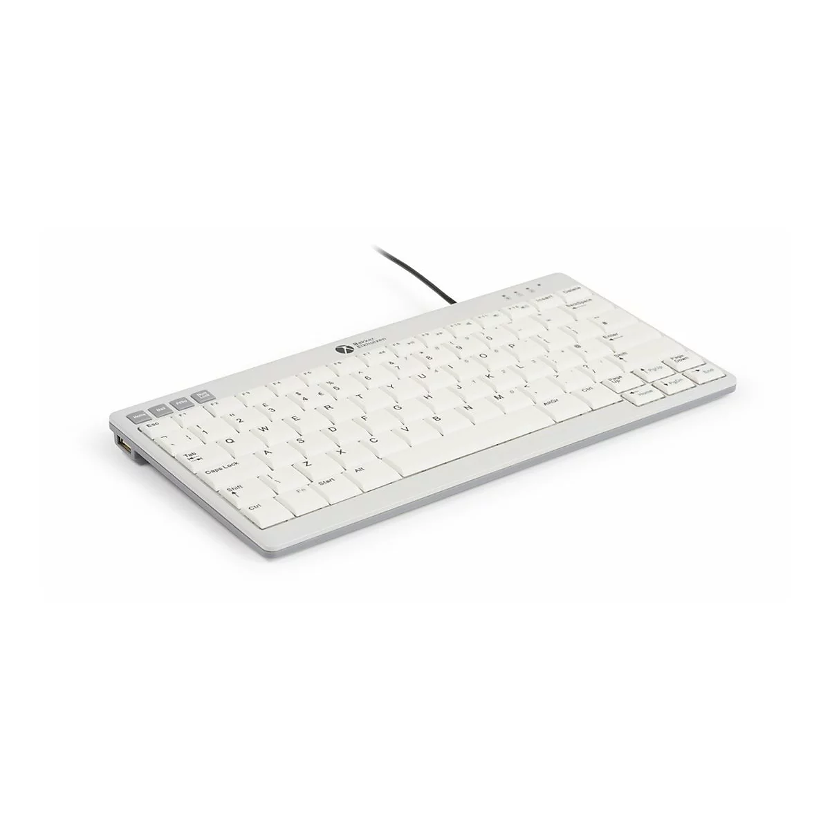Weiße kompakte Computertastatur mit grauem Rahmen vor weißem Hintergrund.