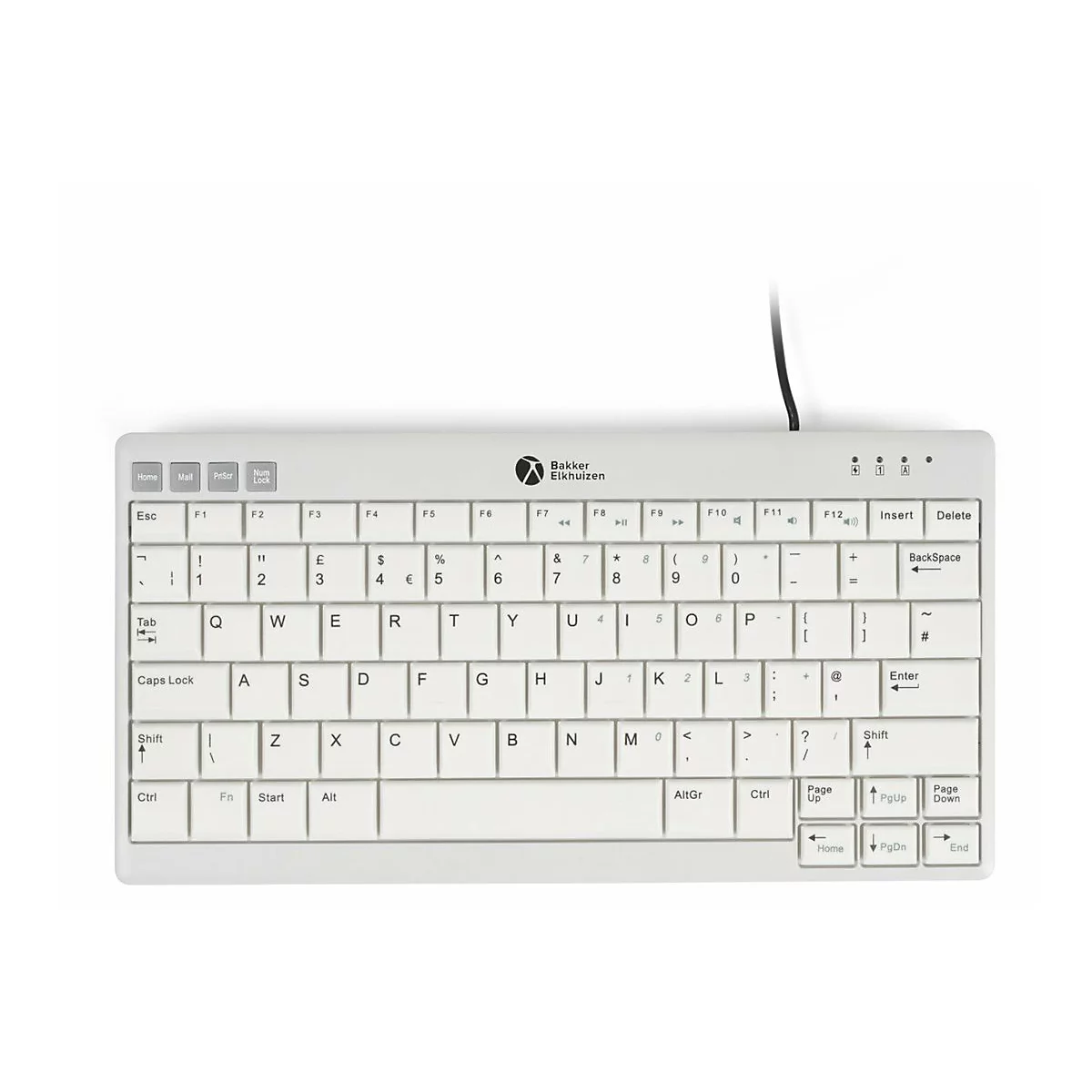 Kompakte weiße Computertastatur der Marke BakkerElhuizen mit QWERTY-Layout auf weißem Hintergrund.