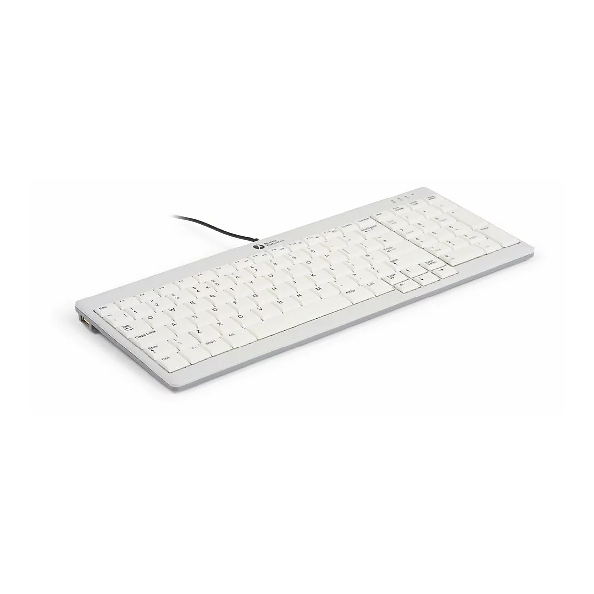 Weiße Tastatur mit silbernem Rahmen vor weißem Hintergrund.