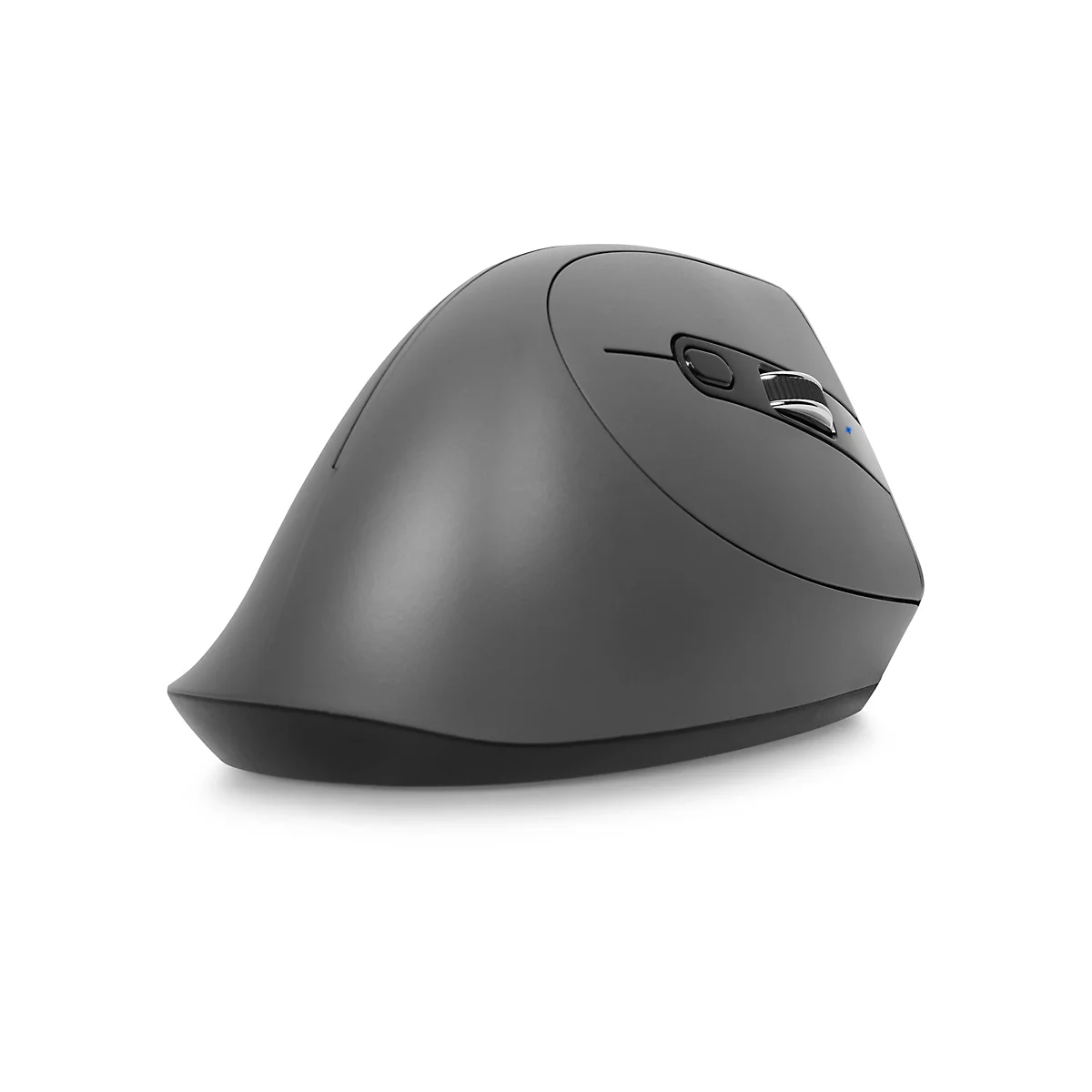 Ergonomische, graue Maus im 45-Grad-Winkel. Sie ist abgerundet und hat Tasten und ein Scrollrad.
