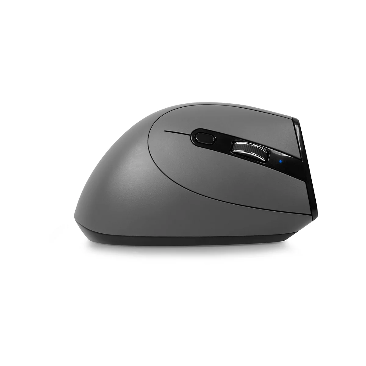 Graue ergonomische Maus, mit Rollrad und zwei zusätzlichen Tasten.