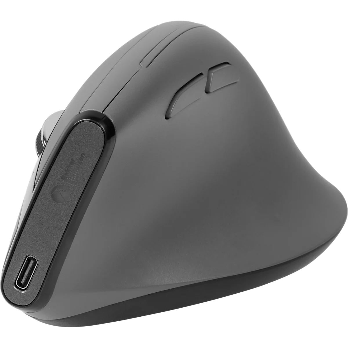 Ergonomische, graue Maus im Vertikal-Design. Die Form ist für eine natürliche Handhaltung optimiert. Am Boden ist ein USB-C-Anschluss sichtbar.