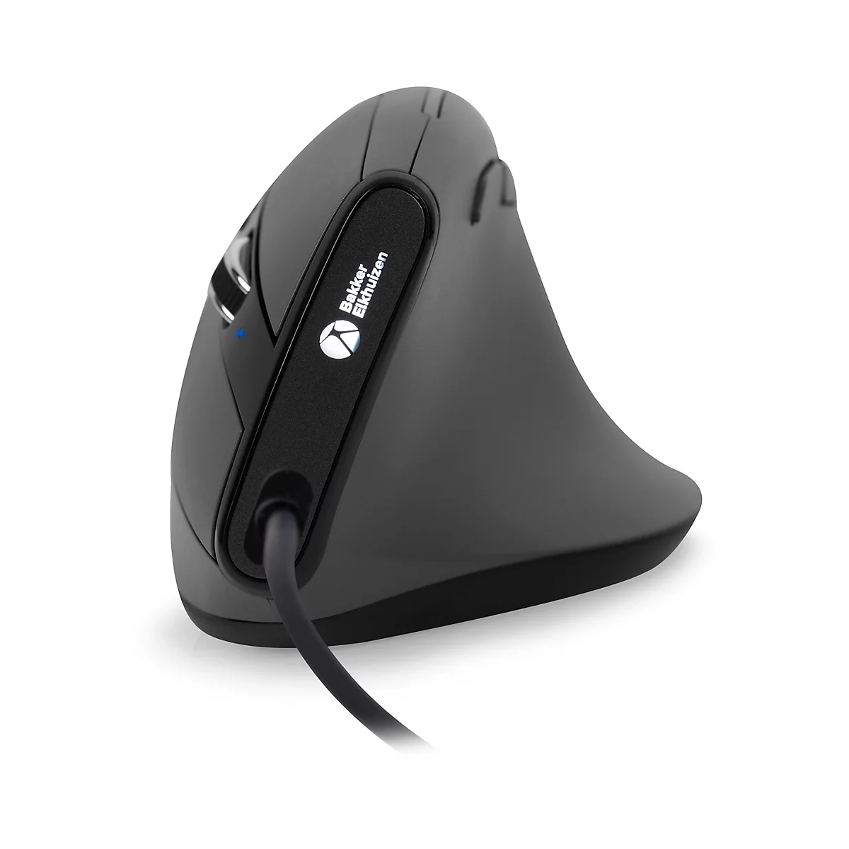 Ergonomische Maus in Grau, Kabelanschluss, seitliche Daumenablage. Aufschrift: Bakker Elkhuizen.