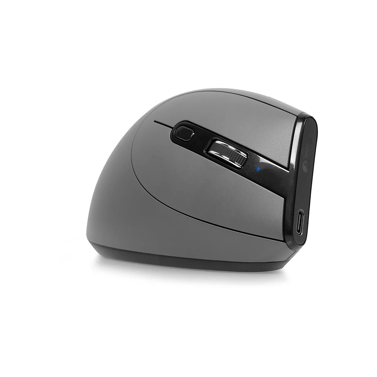 Graue ergonomische Maus, mit Rollrad und USB-C Anschluss. Auf weißem Hintergrund.