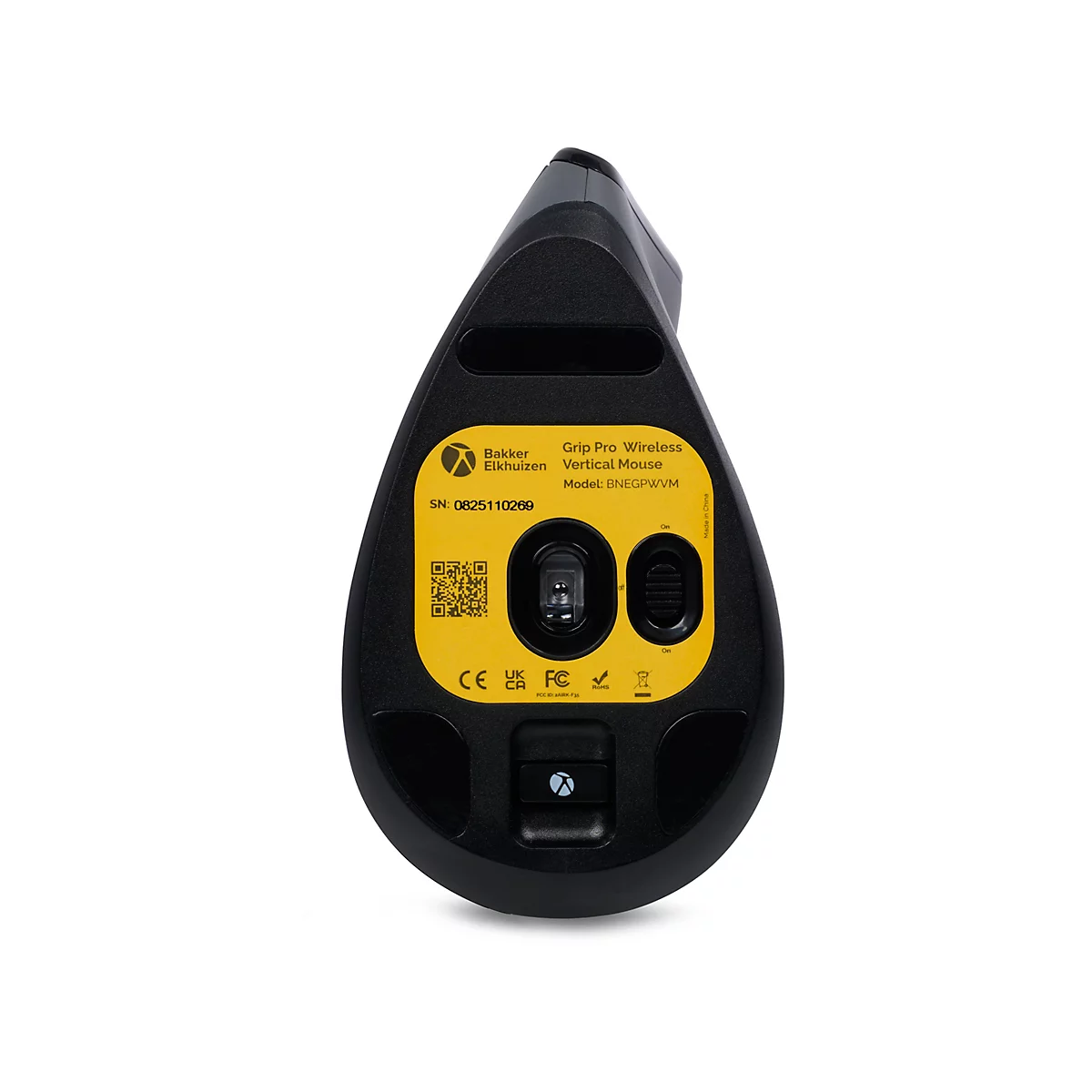 Draufsicht auf eine schwarze, vertikale Maus mit gelben Akzenten. Auf dem gelben Bereich sind Logos und Informationen aufgedruckt.