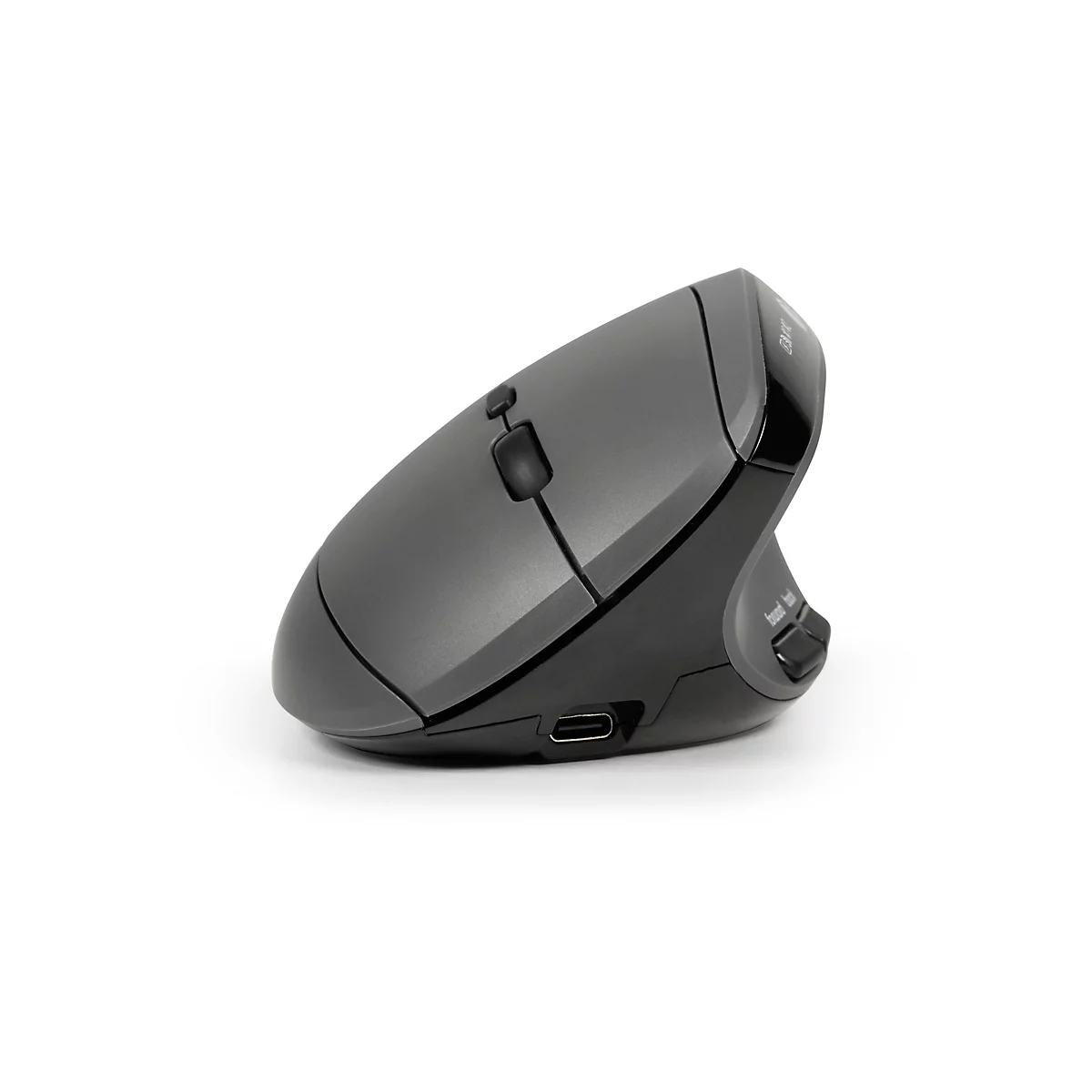 Ergonomische, graue Maus im Vertikal-Design. Auf weißem Hintergrund. Mit Tasten und USB-C Anschluss.