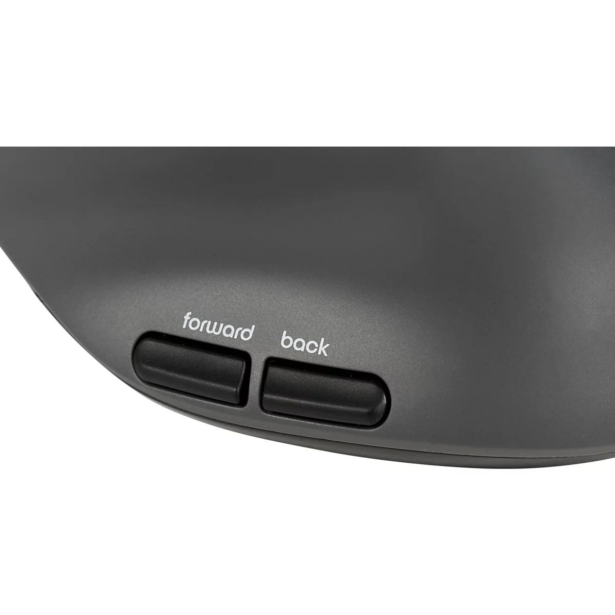 Nahaufnahme einer Computermaus. Zwei Tasten, beschriftet mit "forward" und "back".