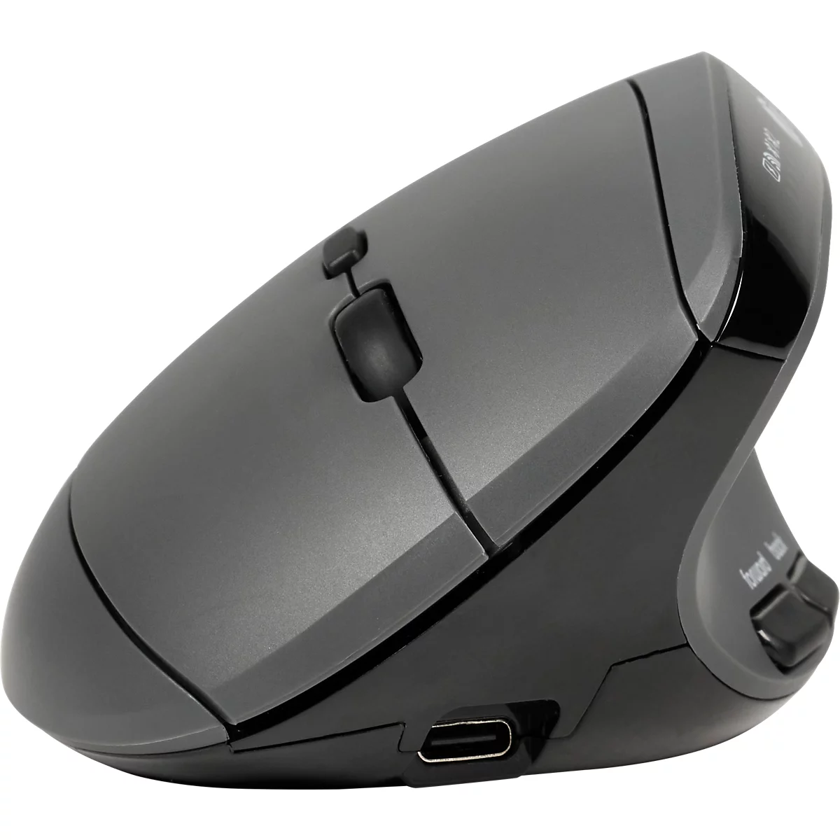 Ergonomische Maus in Grau mit schwarzer Oberfläche. Sie hat eine vertikale Form und mehrere Tasten.