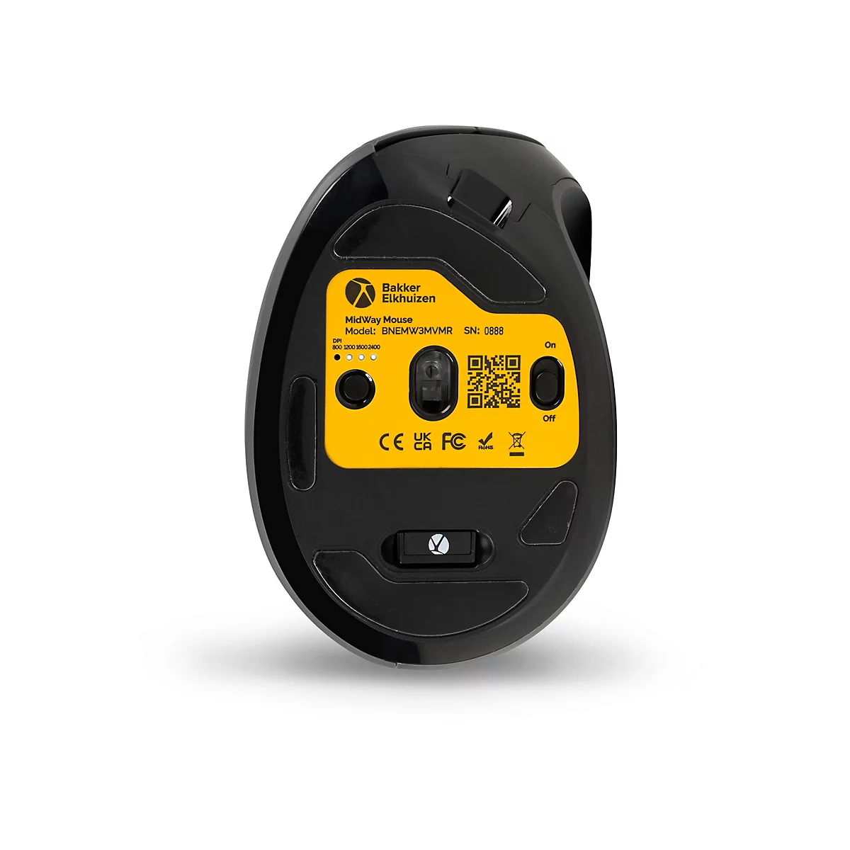Schwarze ergonomische Maus mit gelbem Mittelteil. Details mit QR-Code und CE-Zeichen.