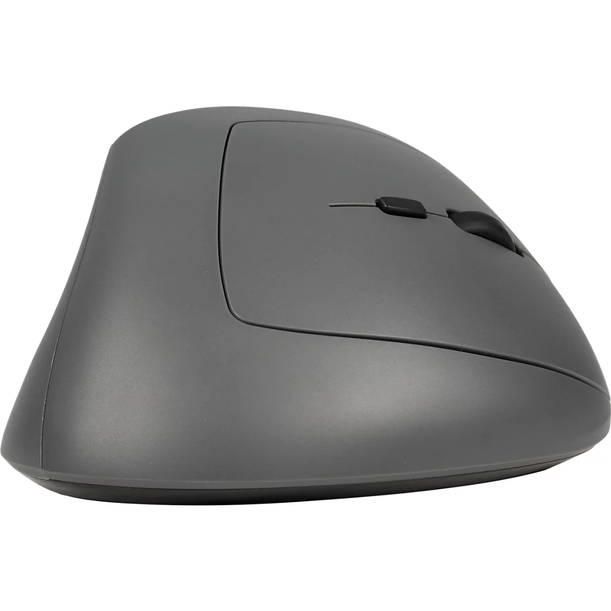 Graue ergonomische Maus, senkrechte Ausrichtung, mit zwei Knöpfen und einem Scrollrad.