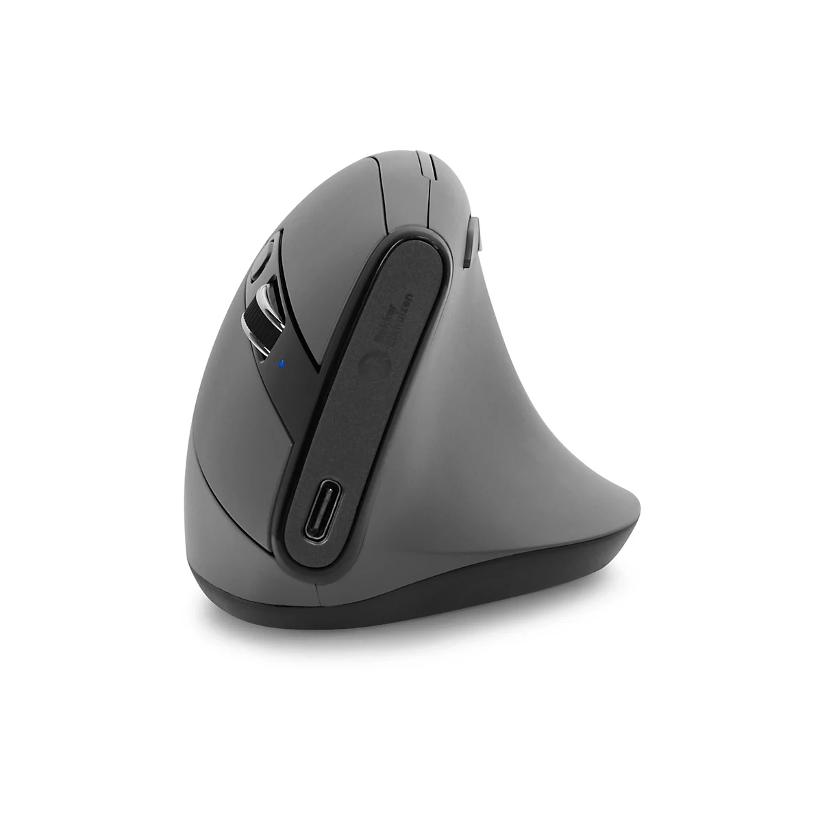 Graue ergonomische Maus, vertikal ausgerichtet, mit USB-Anschluss und Scrollrad.