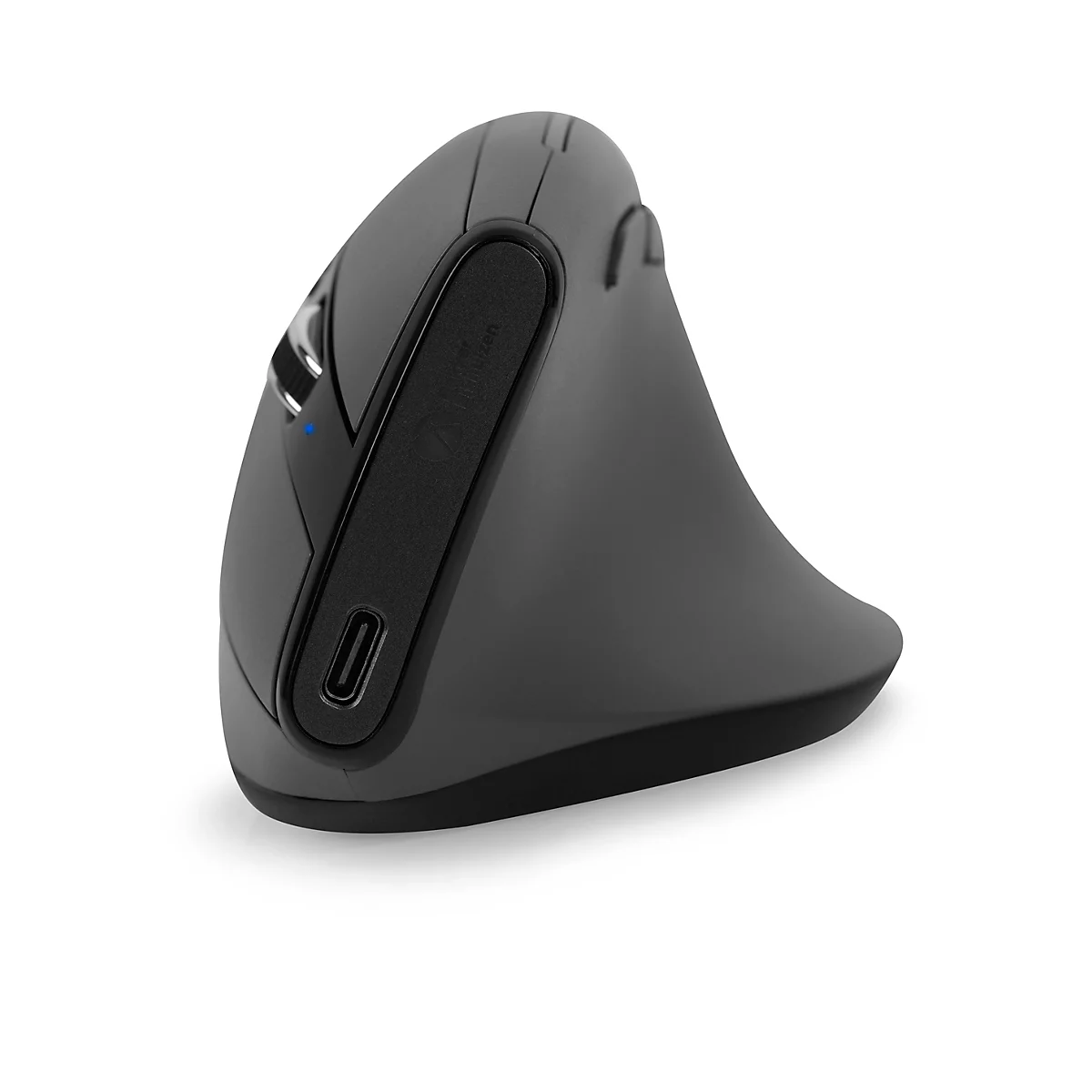 Schwarze Maus, gelbe Details, Rückseite. Aufkleber mit Logo, Schrift und QR-Code. Ein-Aus-Schalter.