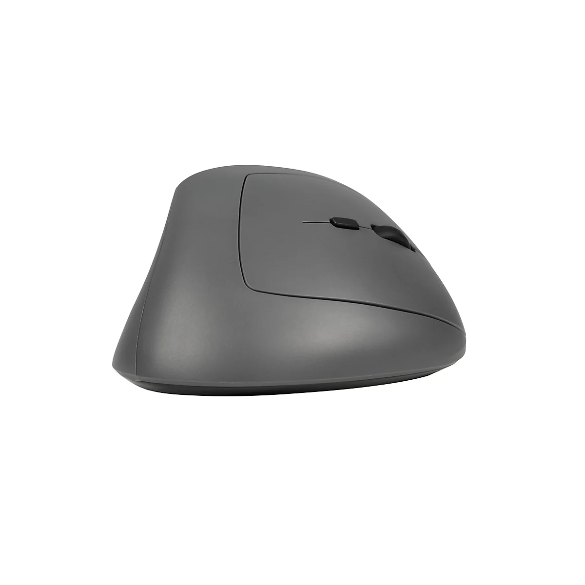 Graue ergonomische Maus, senkrechte Ausrichtung. Mit zwei Knöpfen und einem Scrollrad. Für Rechtshänder.