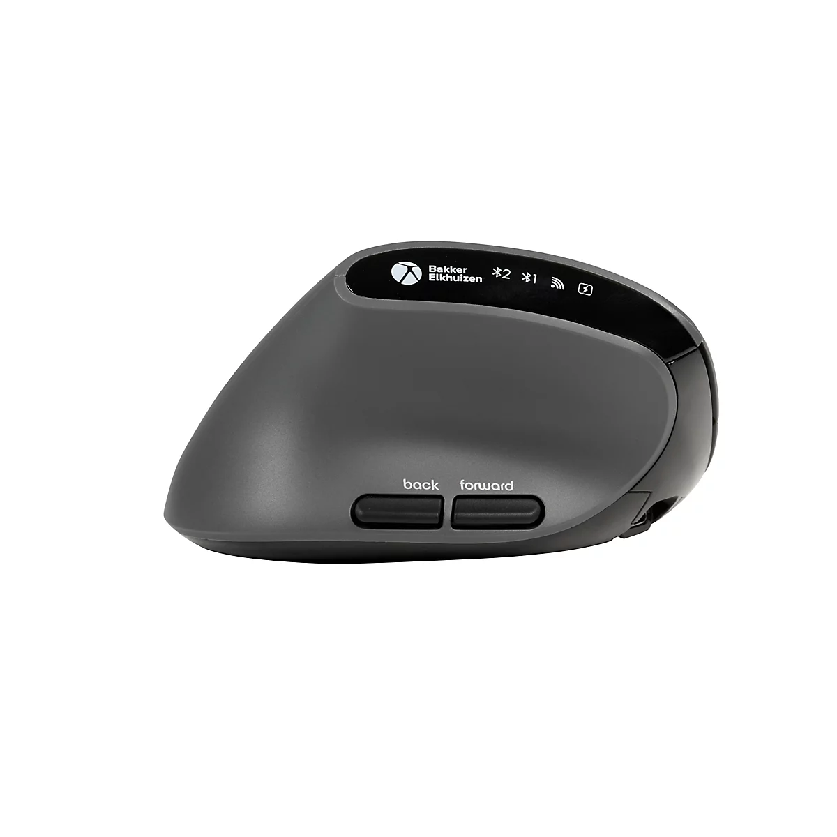 Ergonomische, graue Maus. Zwei Tasten mit den Beschriftungen "back" und "forward". Oberhalb kleine Anzeige und Logo.