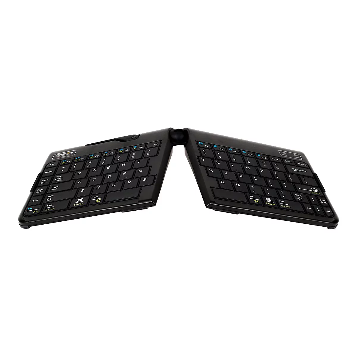 Schwarze, geteilte, ergonomische Goldtouch-Tastatur vor weißem Hintergrund.