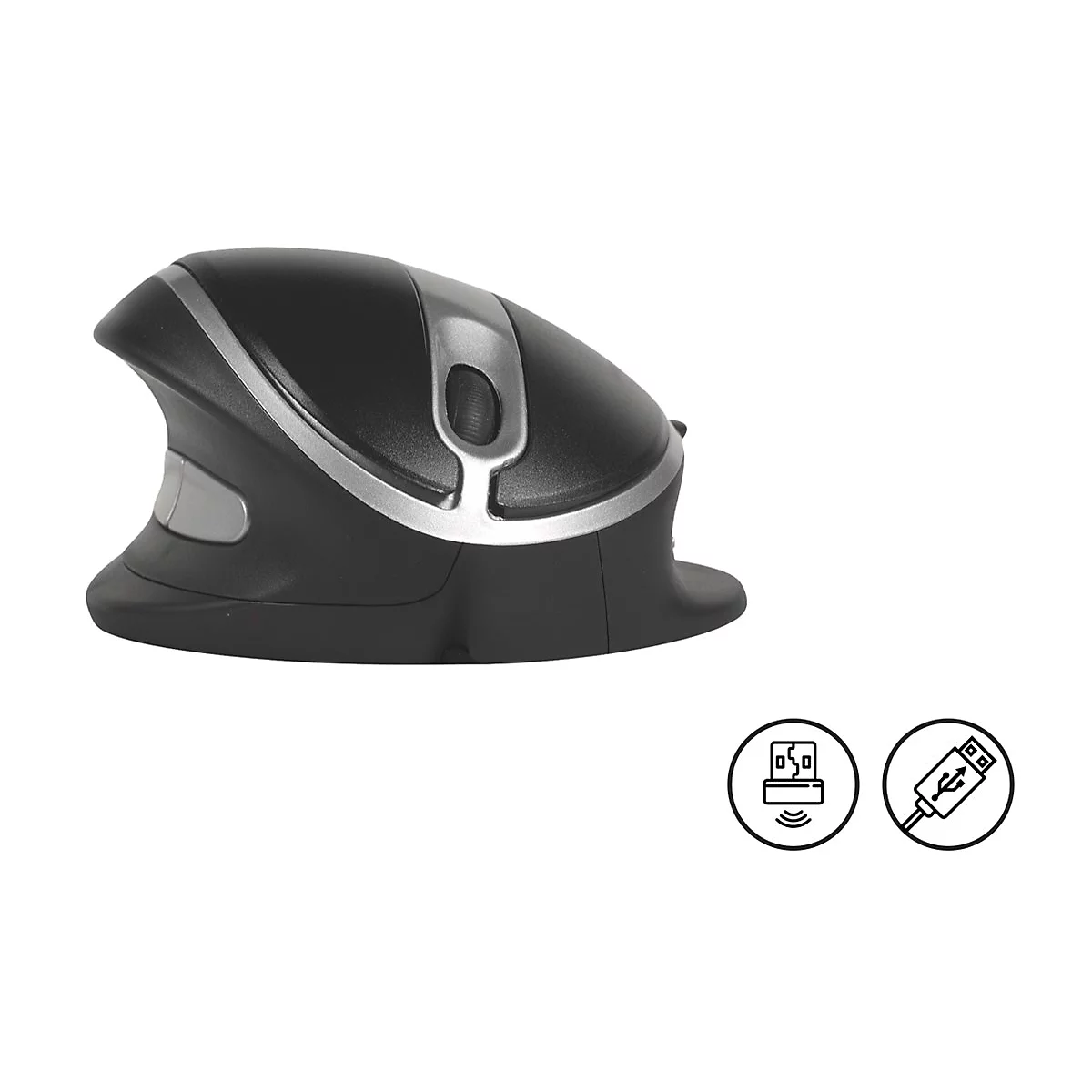 Schwarze, ergonomische Vertikal-Computermaus mit silbernen Akzenten und zwei USB-Symbolen rechts unten.