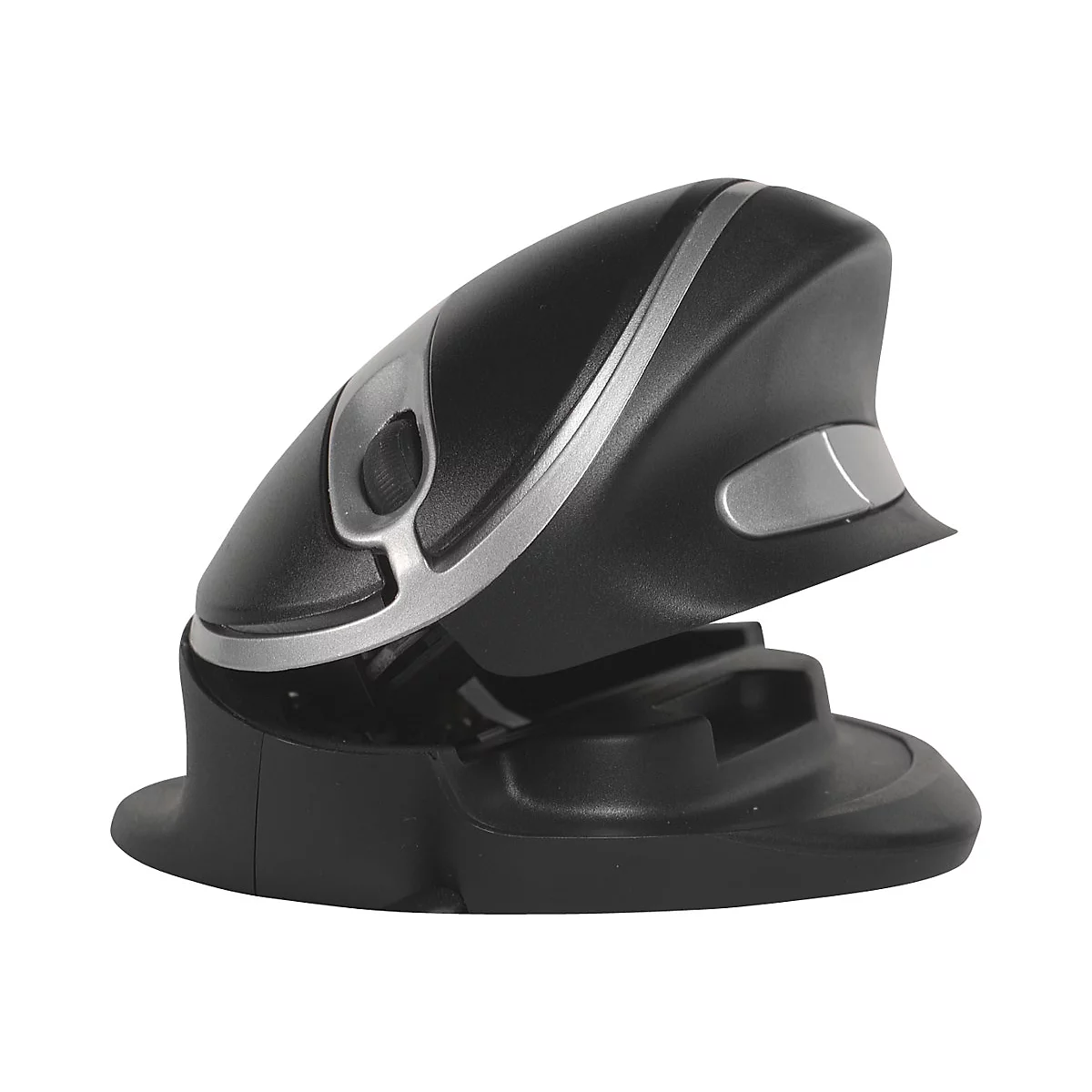 Schwarze vertikale ergonomische Maus mit silbernen Akzenten und Scrollrad auf weißem Hintergrund.