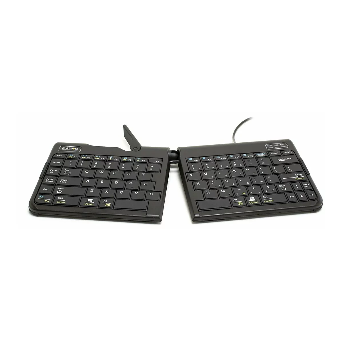 Schwarze, ergonomisch geteilte Goldtouch-Tastatur auf weißem Hintergrund.