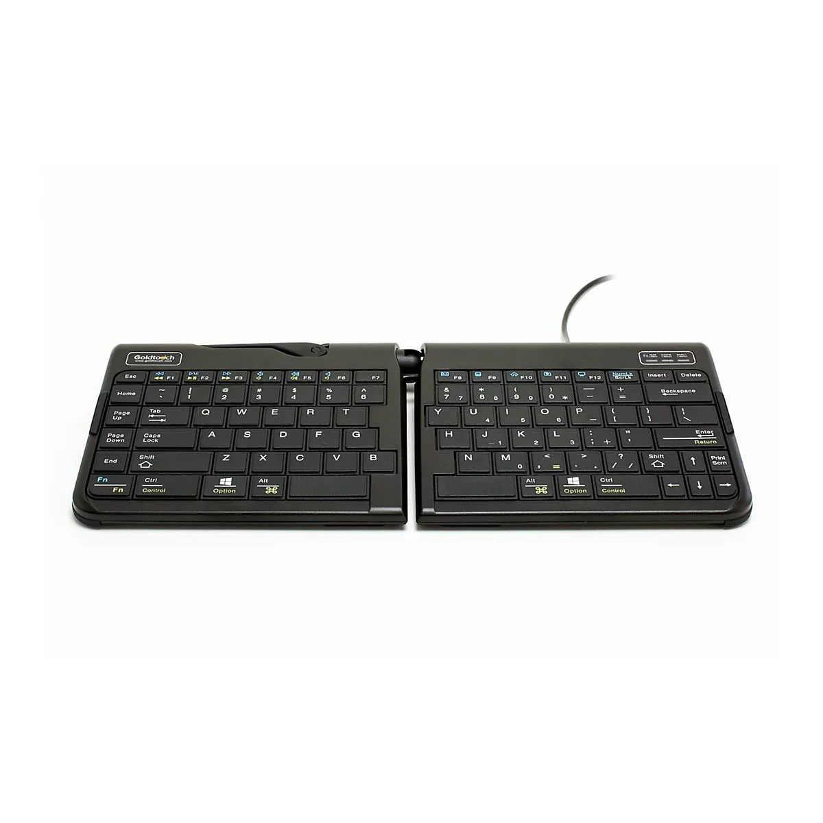 Schwarze, ergonomisch geteilte Tastatur von Goldtouch auf weißem Hintergrund.
