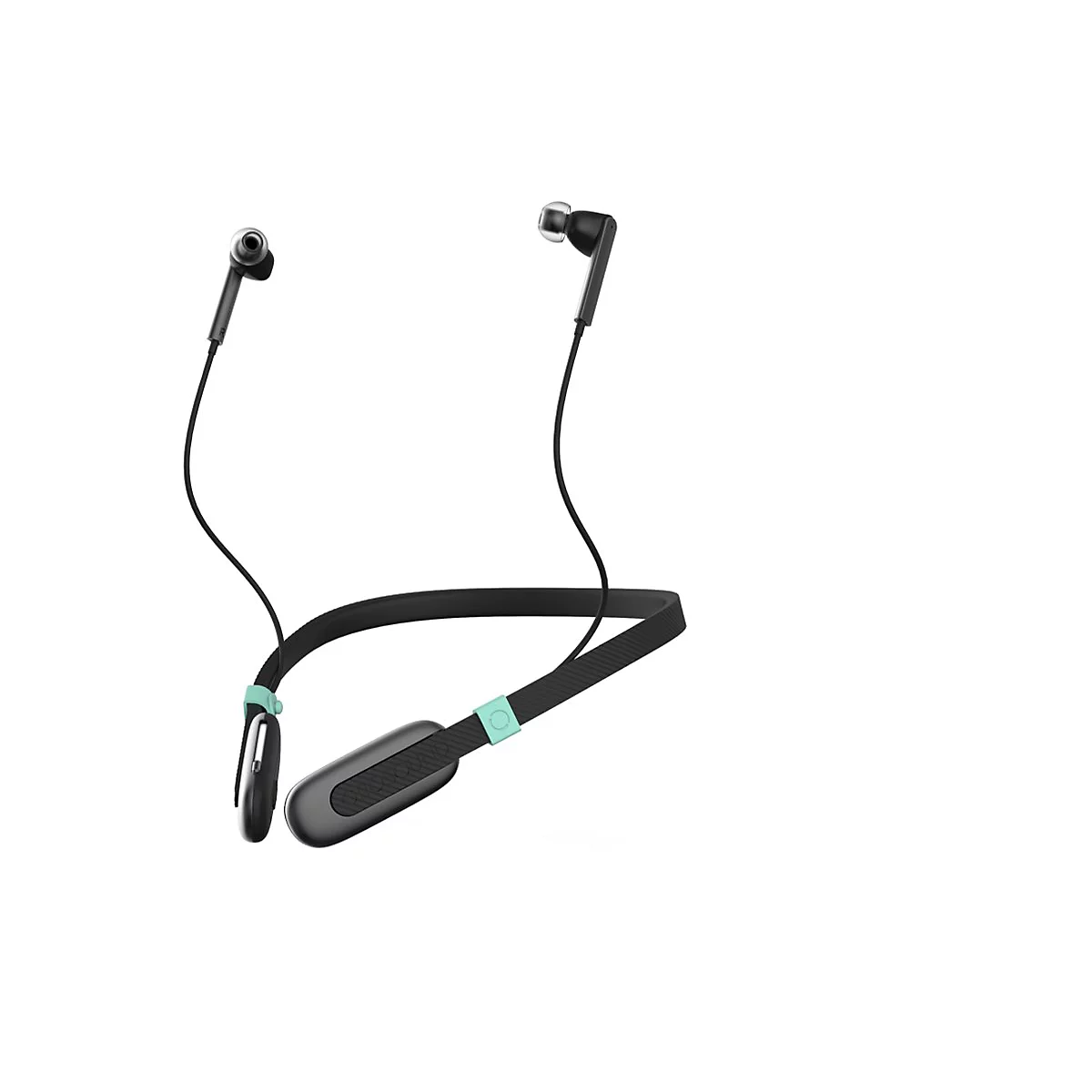 Schwarze In-Ear-Kopfhörer mit Nackenband und hellblauen Akzenten vor weißem Hintergrund.