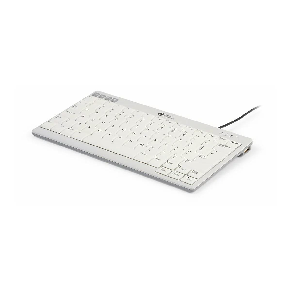 Kompakte, flache Tastatur mit weißem Gehäuse und Tasten vor weißem Hintergrund.