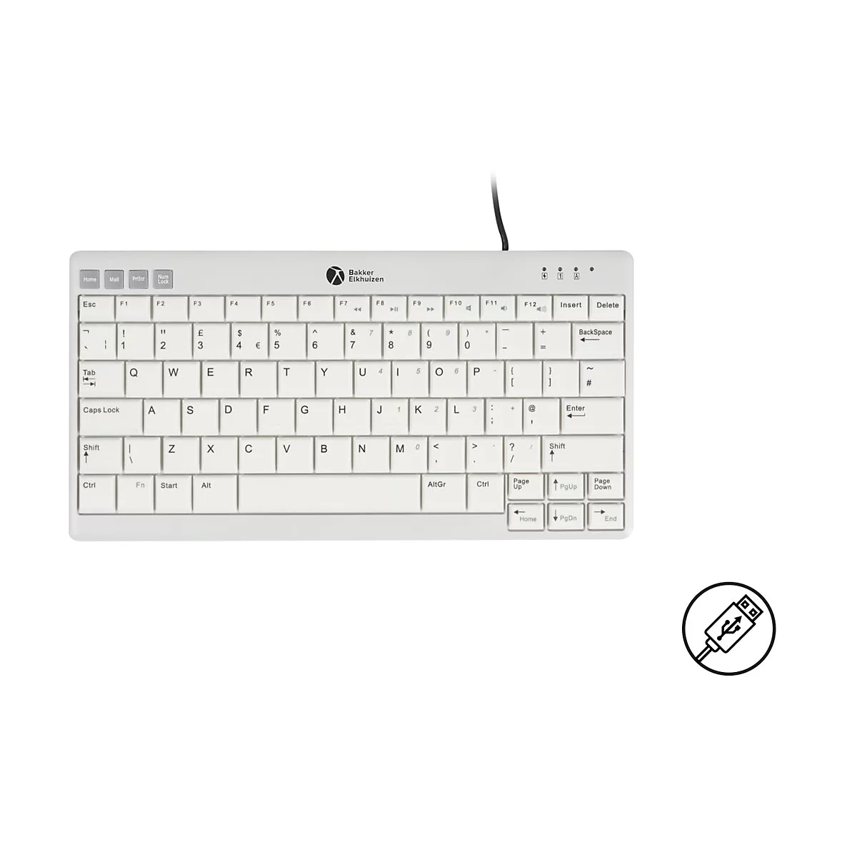 Weiße, kompakte QWERTY-Tastatur von BakkerElkhuizen mit USB-Kabelanschluss vor weißem Hintergrund.