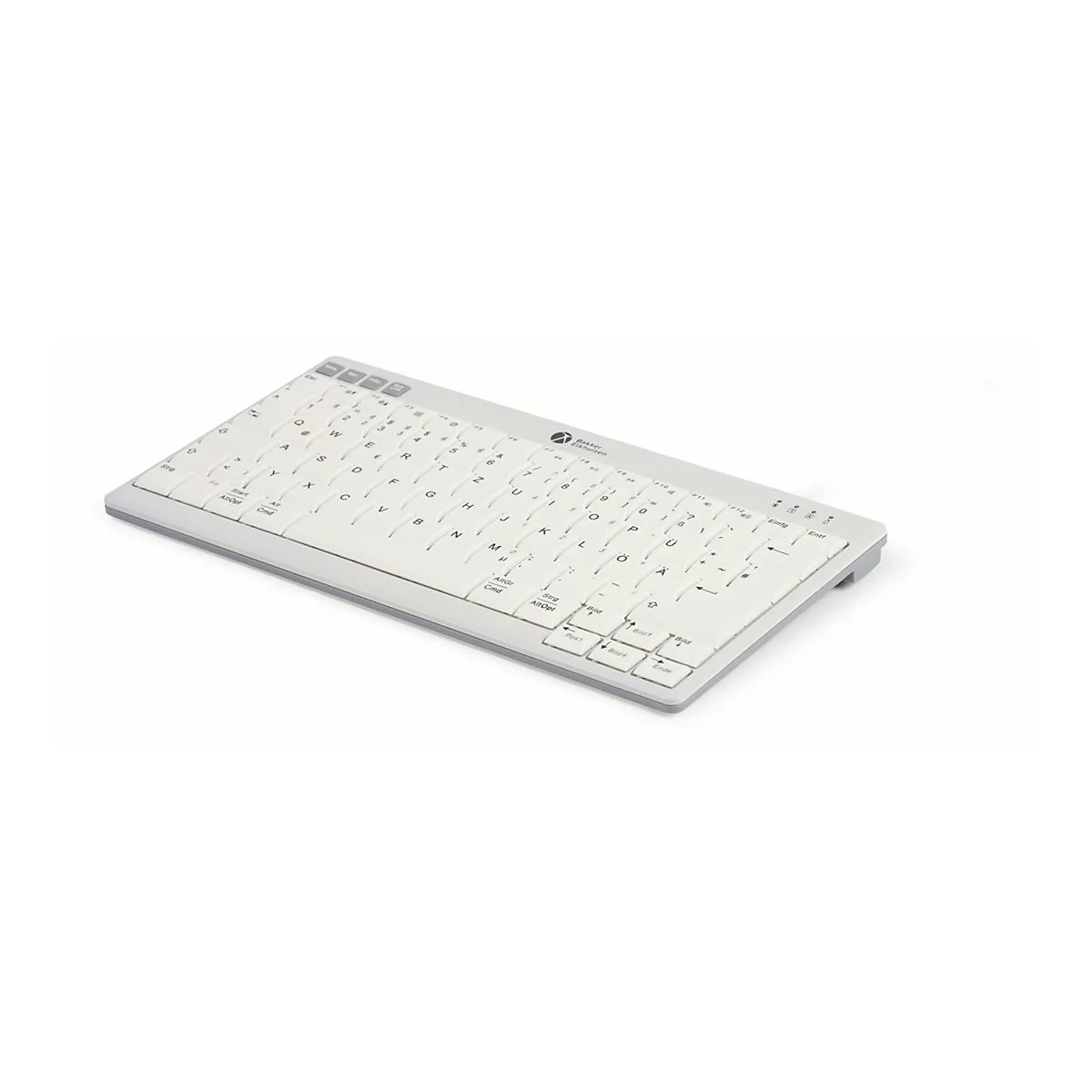 Weiße kompakte Tastatur mit deutschem Layout auf weißem Hintergrund.