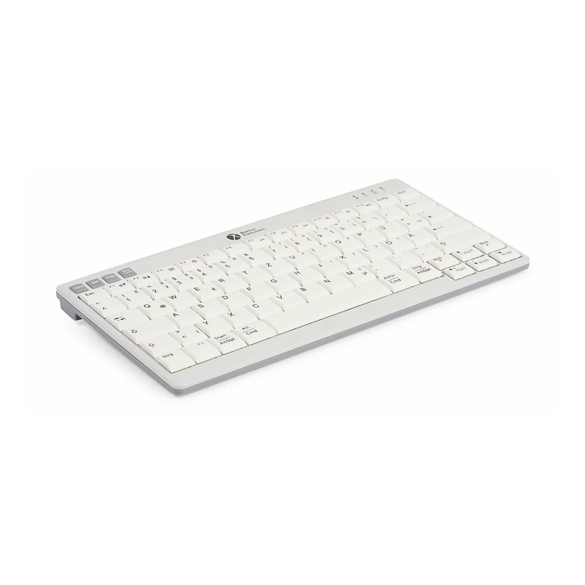 Weiße, kompakte Tastatur von BakkerElkhuizen mit deutschem QWERTZ-Layout auf hellem Hintergrund.