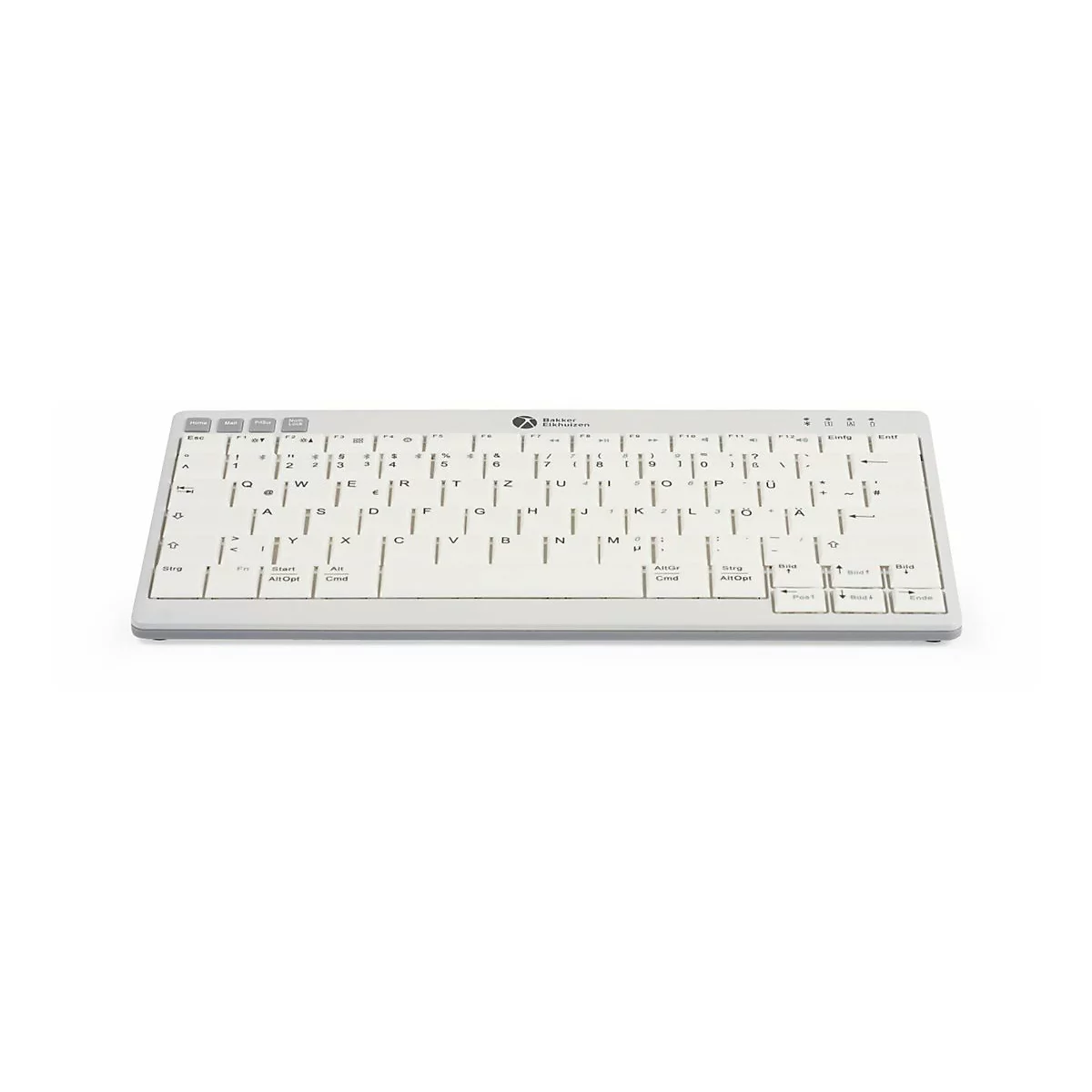 Weiße, kompakte Tastatur von Bakker Elkhuizen mit deutschem QWERTZ-Layout vor weißem Hintergrund.