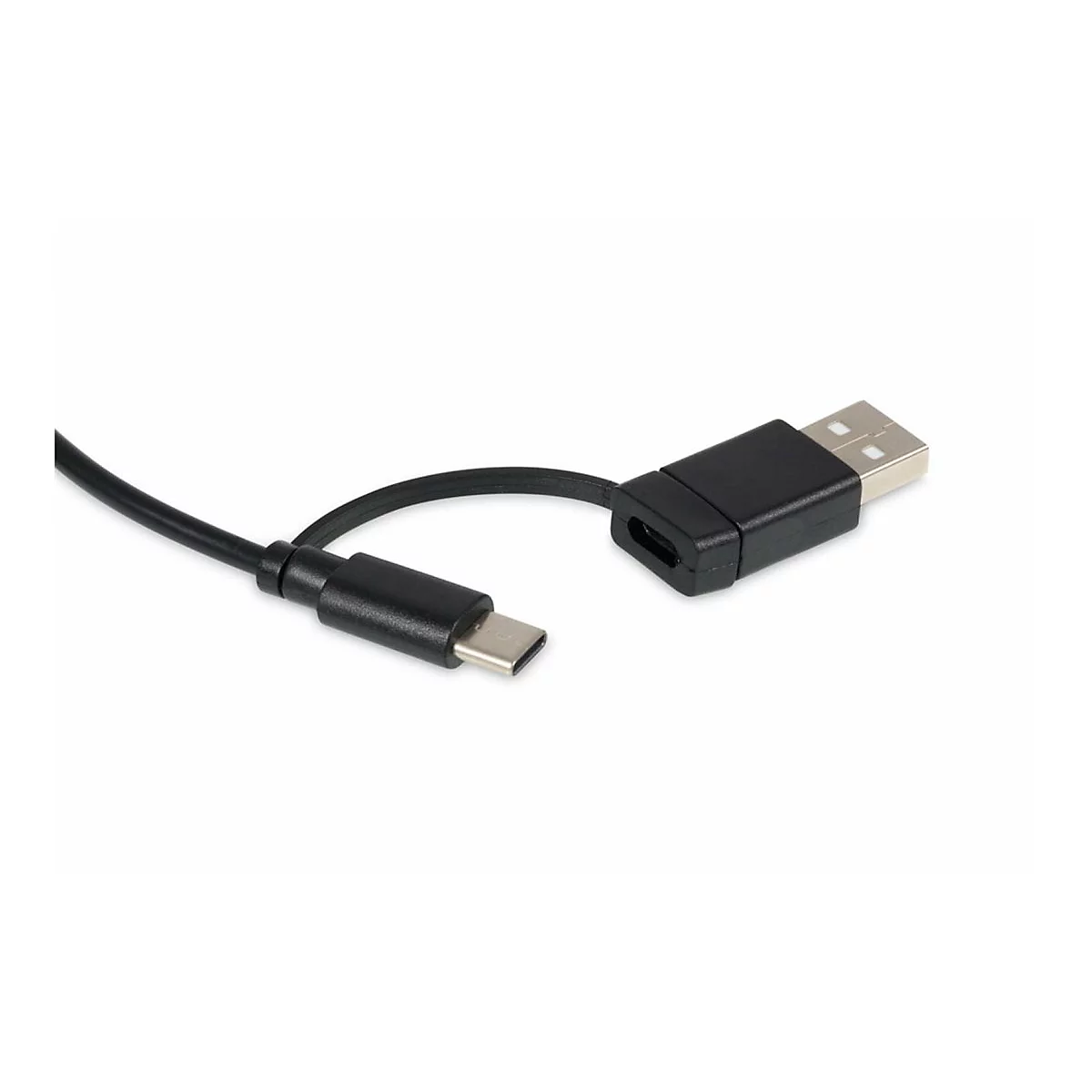 Schwarzer USB-Adapter von USB-C auf USB-A vor weißem Hintergrund.