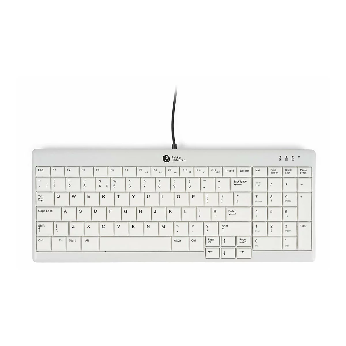 Weiße, kabelgebundene BakkerElkhuizen Tastatur mit QWERTY-Layout und Ziffernblock auf weißem Hintergrund.