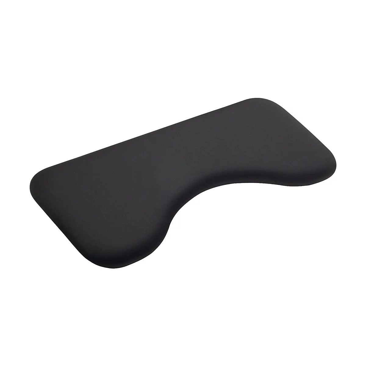 Schwarze, geschwungene Handgelenkauflage für Tastaturen auf weißem Hintergrund.